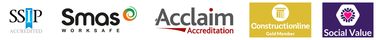 SSIP Accredited, SMAS Worksafe, Acclaim Accreditation, Constructionline Gold Member and Social Value accreditation marks
