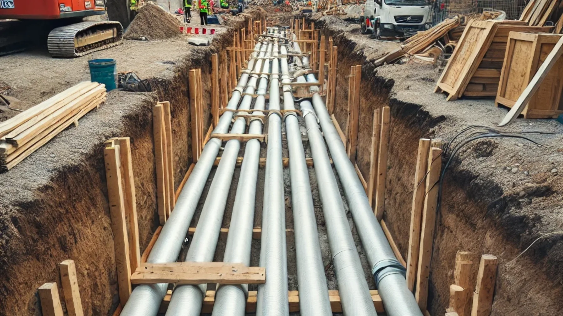 Pre-insulated district heating pipework being laid on site