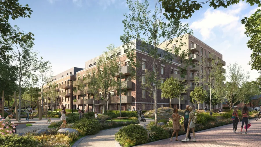 Visualisation of the Cyprus Beckton blocks around landscaped gardens and a play space.