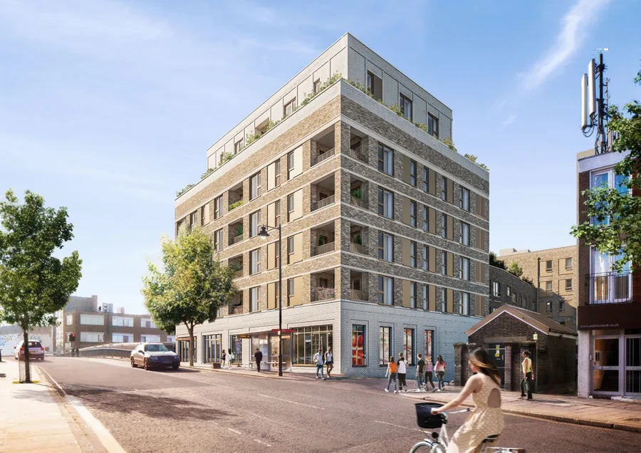 Visualisation of the Orion Park corner block on the street, six storeys of brick with balconies and ground-floor units.