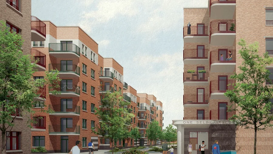 Visualisation of One Selby Street, brick-fronted blocks with balconies either side of a tree-lined street.