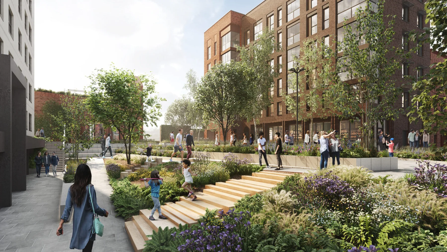 Visualisation of the landscaped courtyard steps between the new Upton & Raynham blocks.